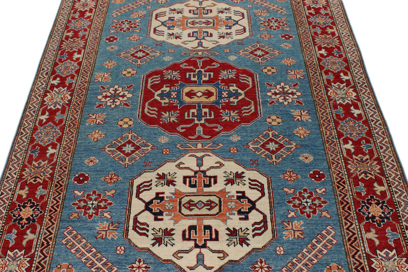 5x7 Blue and Burgundy Kazak Tribal Rug
