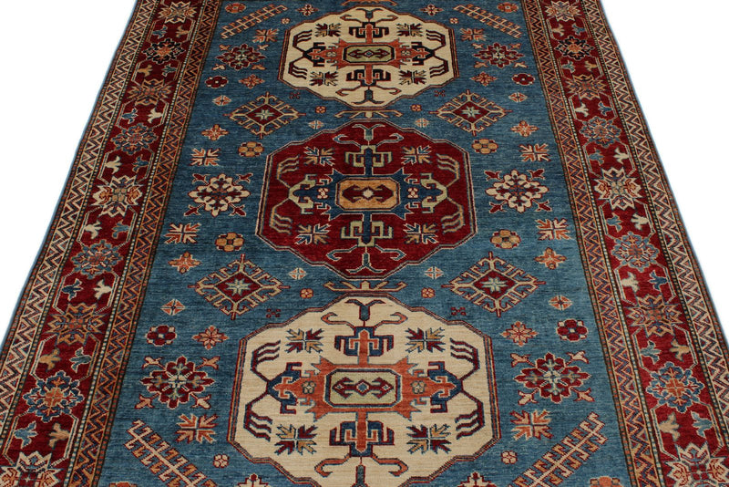 5x7 Blue and Burgundy Kazak Tribal Rug