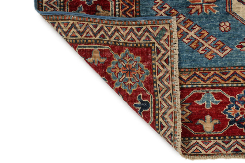 5x7 Blue and Burgundy Kazak Tribal Rug
