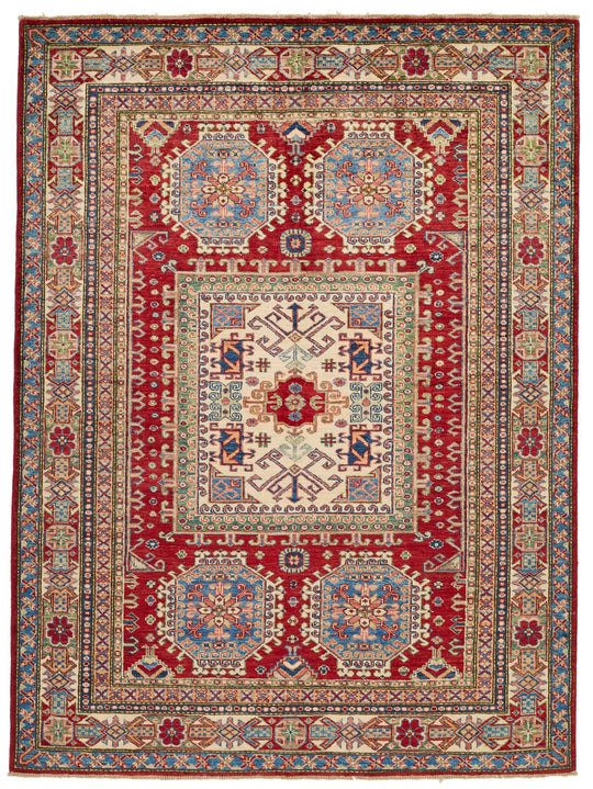 5x7 Red and Ivory Kazak Tribal Rug