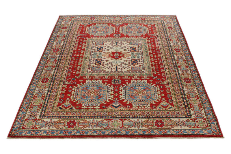 5x7 Red and Ivory Kazak Tribal Rug