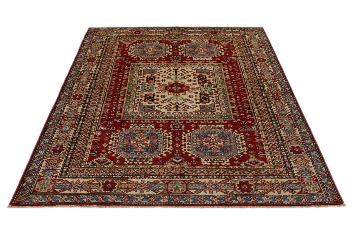 5x7 Red and Ivory Kazak Tribal Rug
