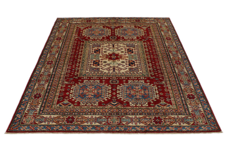 5x7 Red and Ivory Kazak Tribal Rug