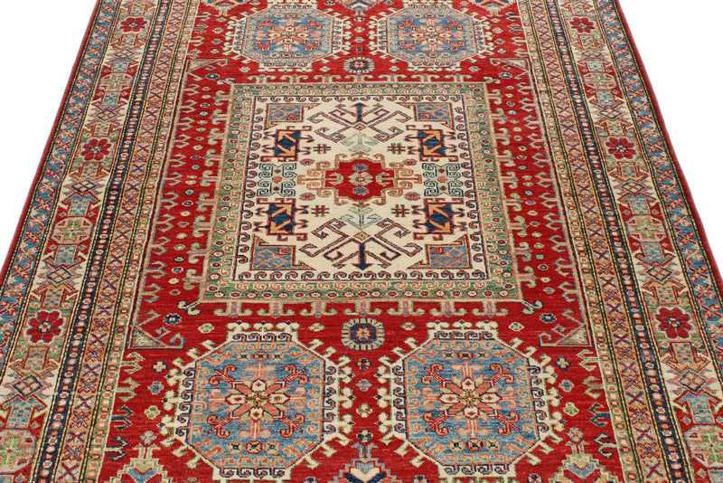 5x7 Red and Ivory Kazak Tribal Rug