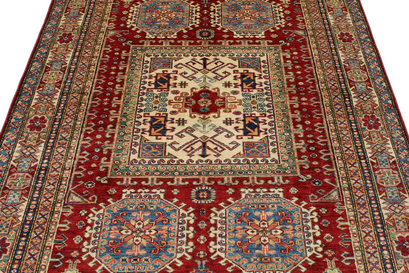 5x7 Red and Ivory Kazak Tribal Rug