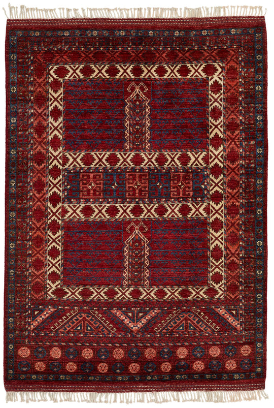 5x7 Ivory and Burgundy Turkish Tribal Rug