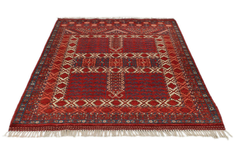 5x7 Ivory and Burgundy Turkish Tribal Rug
