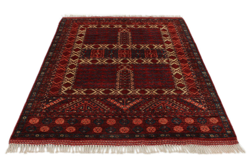 5x7 Ivory and Burgundy Turkish Tribal Rug