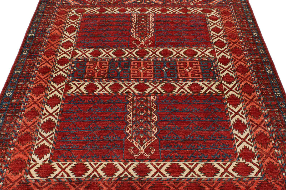 5x7 Ivory and Burgundy Turkish Tribal Rug