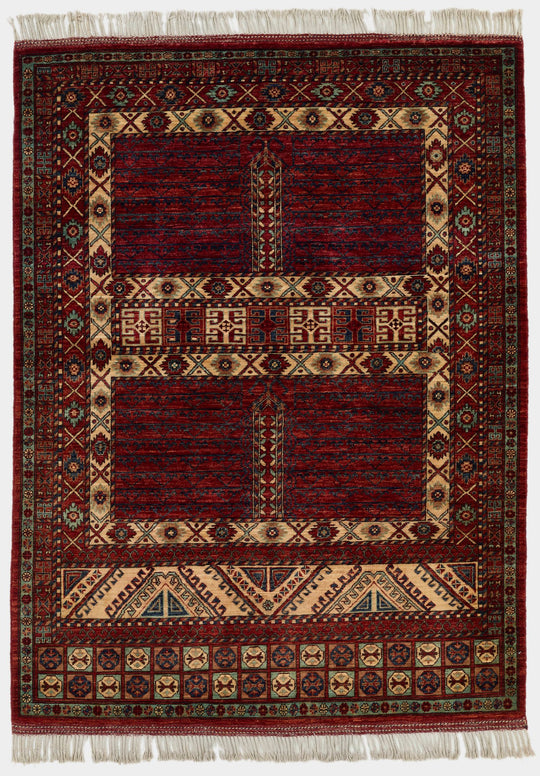 5x7 Ivory and Burgundy Turkish Tribal Rug