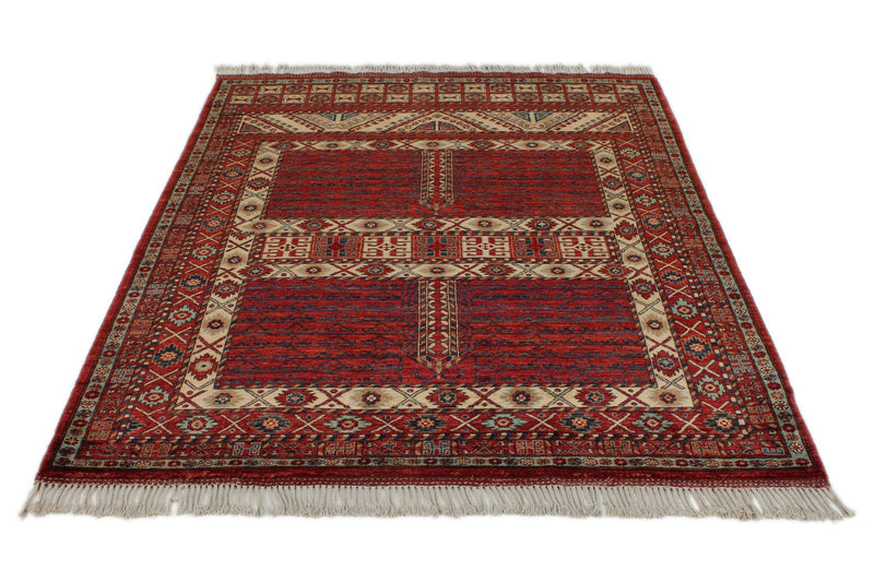 5x7 Ivory and Burgundy Turkish Tribal Rug