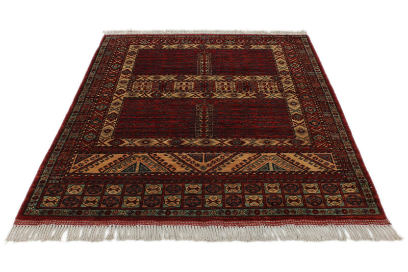 5x7 Ivory and Burgundy Turkish Tribal Rug