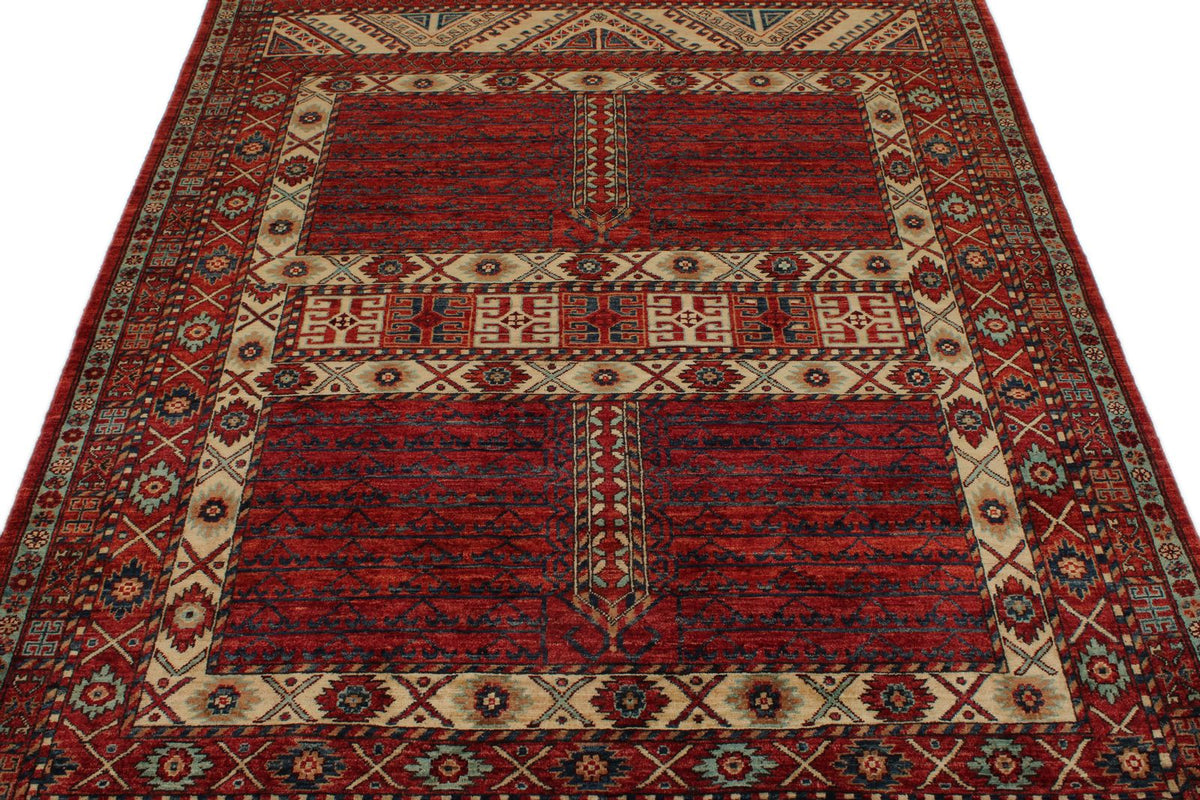 5x7 Ivory and Burgundy Turkish Tribal Rug