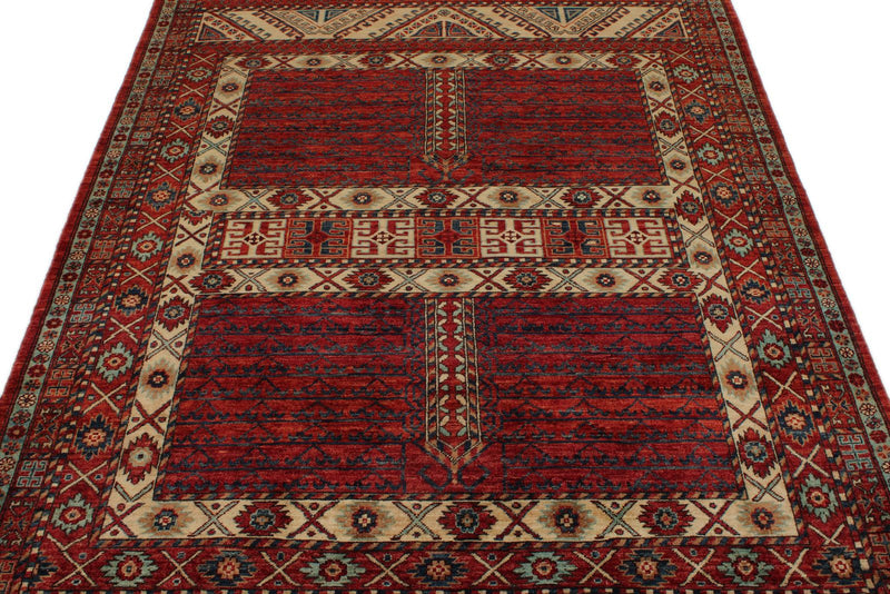 5x7 Ivory and Burgundy Turkish Tribal Rug