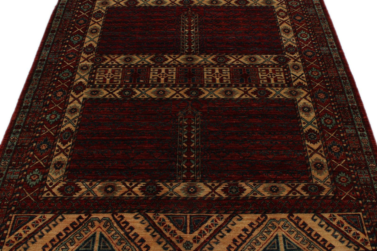 5x7 Ivory and Burgundy Turkish Tribal Rug