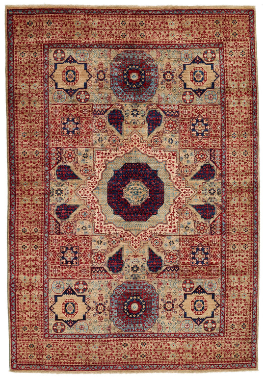 5x7 Beige and Ivory Turkish Tribal Rug