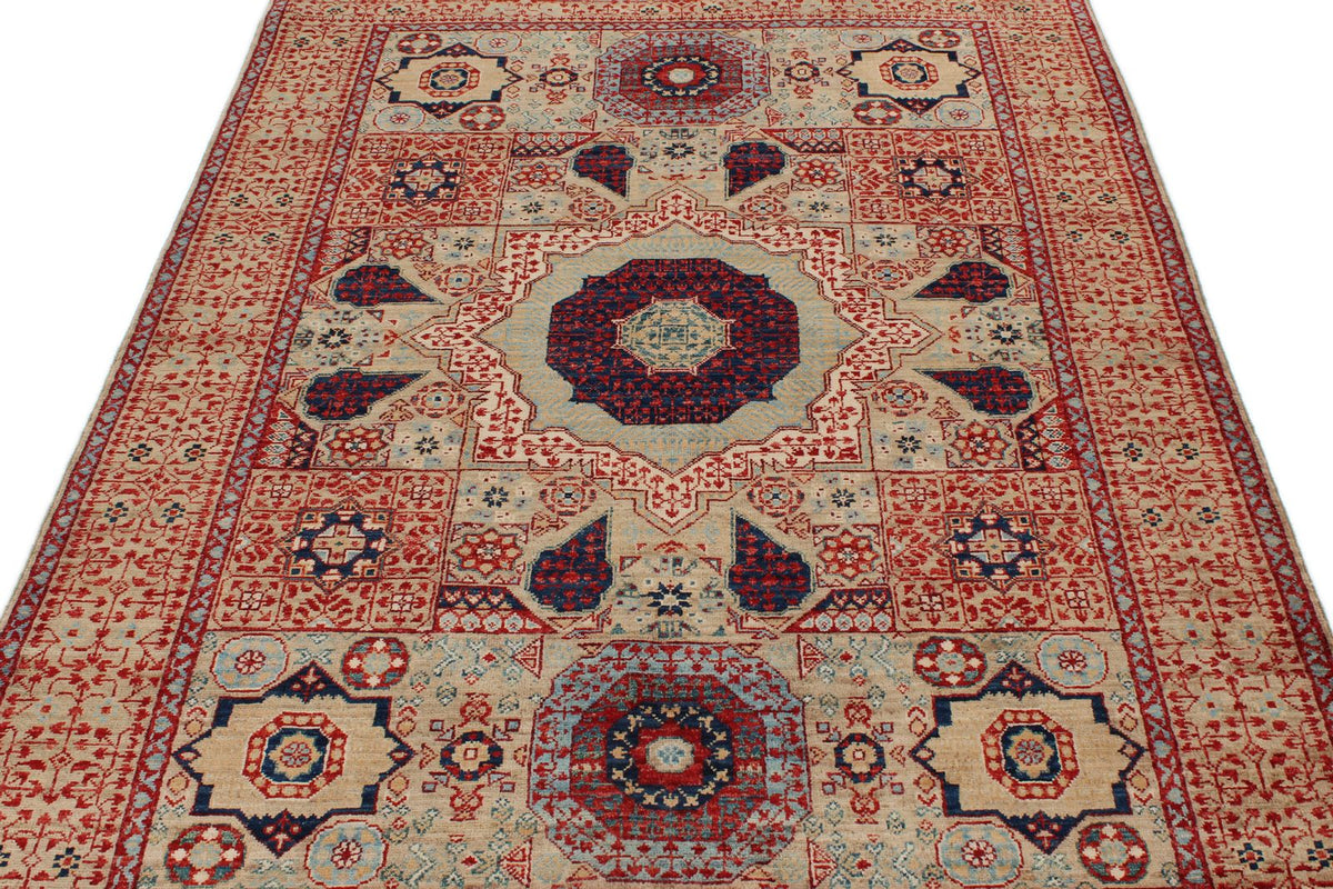 5x7 Beige and Ivory Turkish Tribal Rug