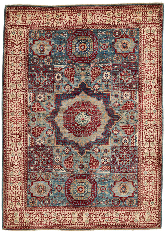 5x7 Blue and Ivory Turkish Tribal Rug