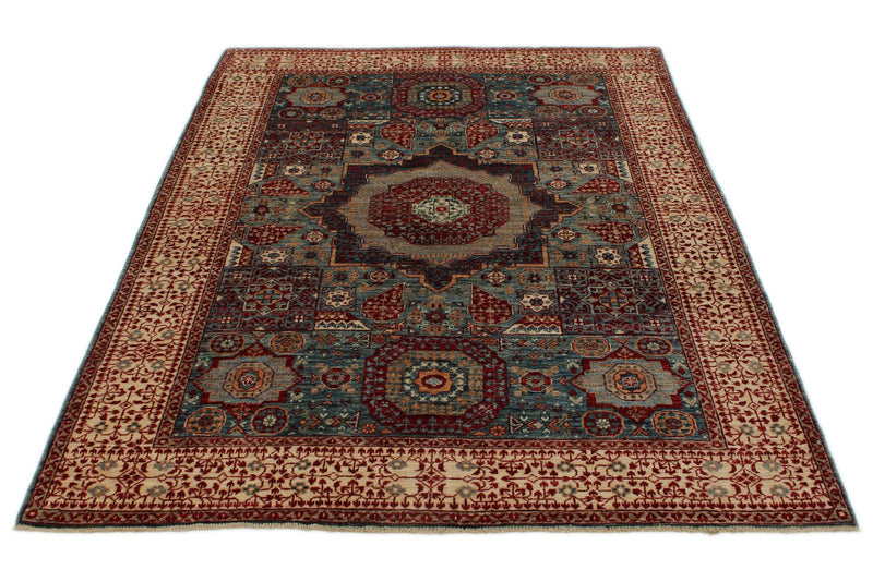 5x7 Blue and Ivory Turkish Tribal Rug