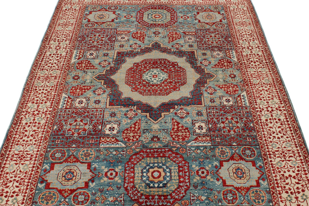5x7 Blue and Ivory Turkish Tribal Rug