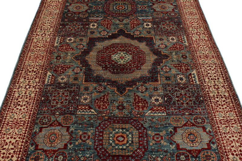 5x7 Blue and Ivory Turkish Tribal Rug