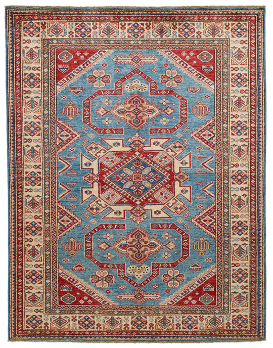 5x6 Blue and Ivory Kazak Tribal Rug
