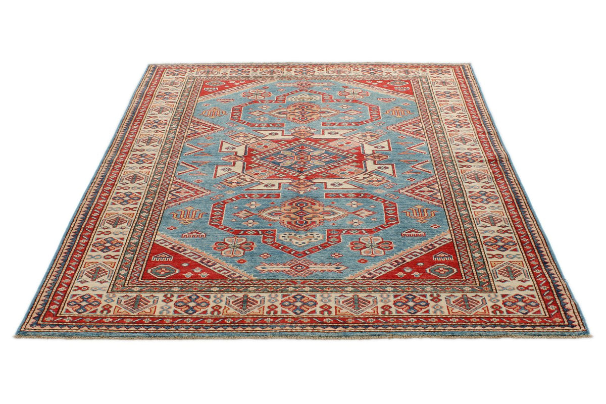 5x6 Blue and Ivory Kazak Tribal Rug