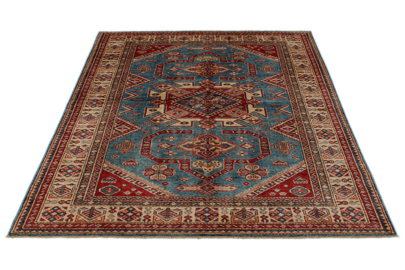 5x6 Blue and Ivory Kazak Tribal Rug