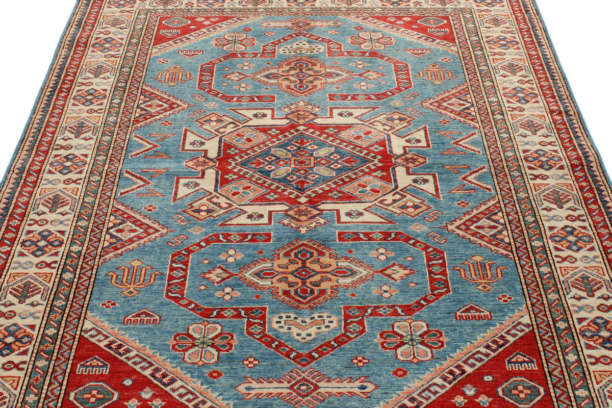 5x6 Blue and Ivory Kazak Tribal Rug