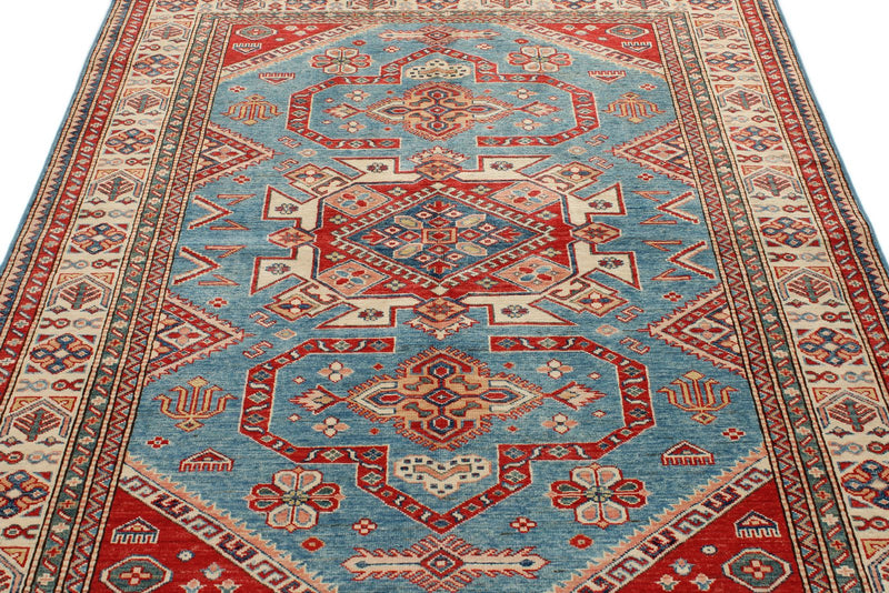 5x6 Blue and Ivory Kazak Tribal Rug