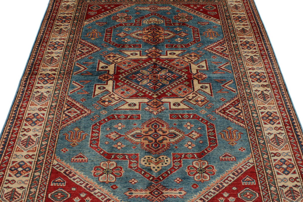 5x6 Blue and Ivory Kazak Tribal Rug
