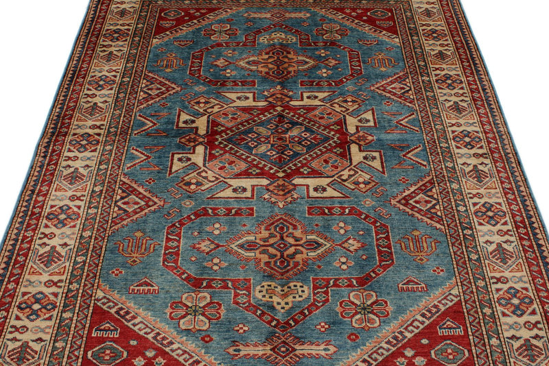 5x6 Blue and Ivory Kazak Tribal Rug