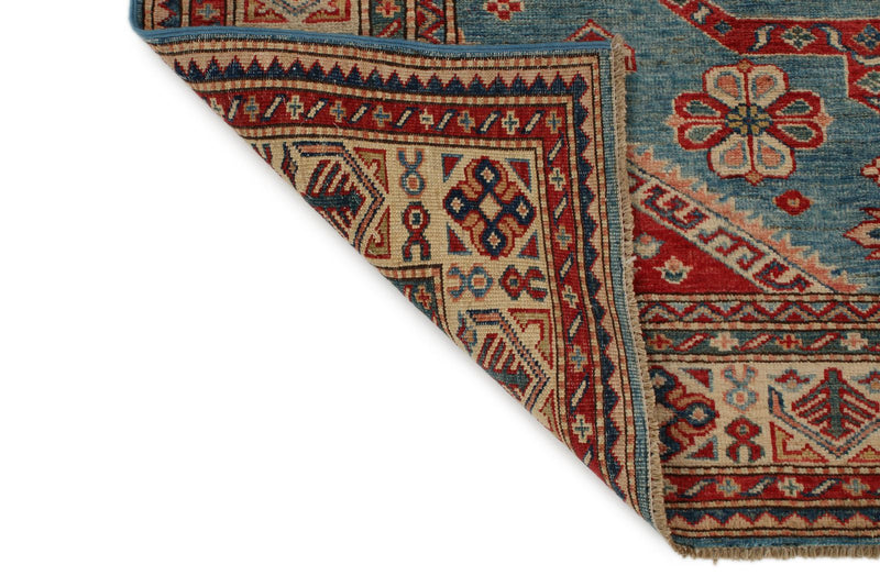 5x6 Blue and Ivory Kazak Tribal Rug