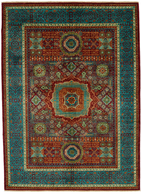 6x8 Burgundy and Blue Turkish Tribal Rug
