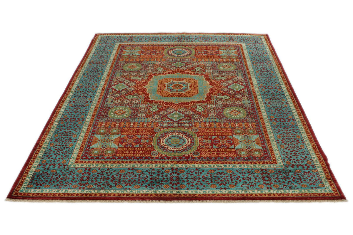 6x8 Burgundy and Blue Turkish Tribal Rug
