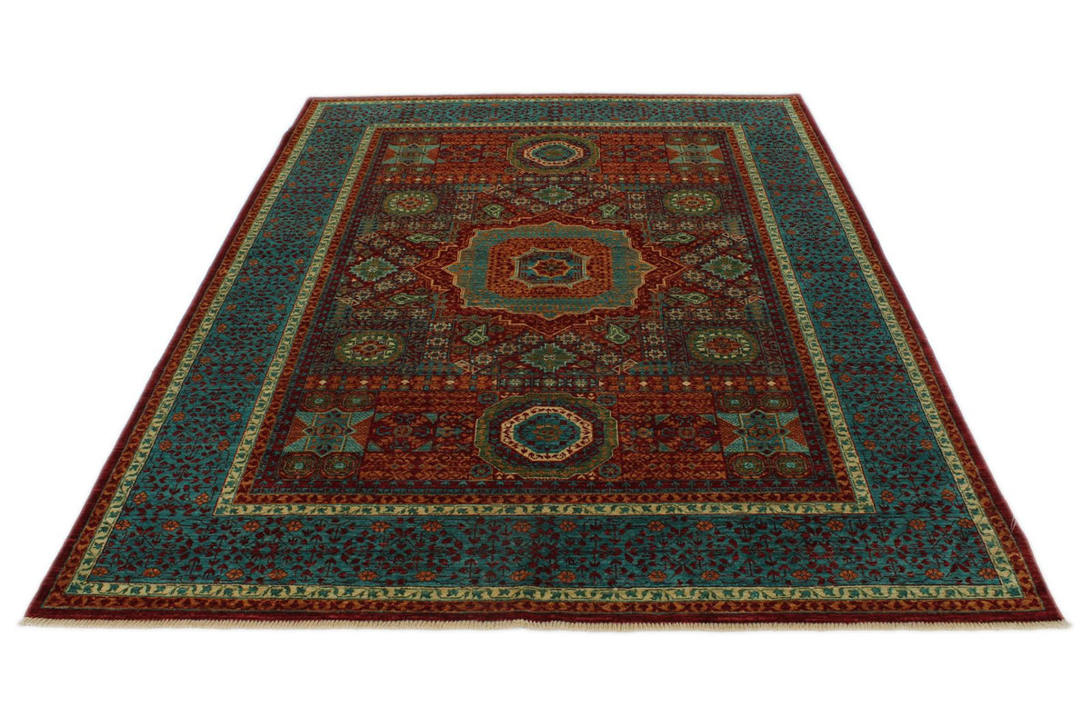 6x8 Burgundy and Blue Turkish Tribal Rug