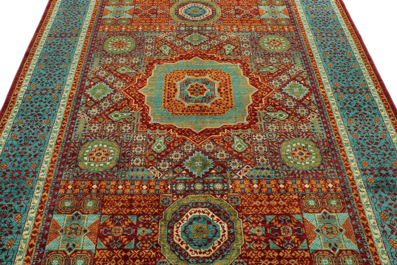 6x8 Burgundy and Blue Turkish Tribal Rug