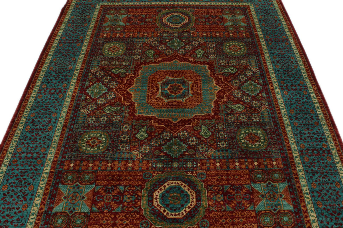 6x8 Burgundy and Blue Turkish Tribal Rug