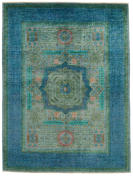 6x8 Green and Blue Turkish Tribal Rug