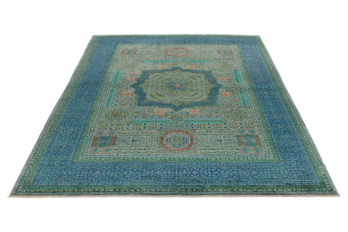 6x8 Green and Blue Turkish Tribal Rug