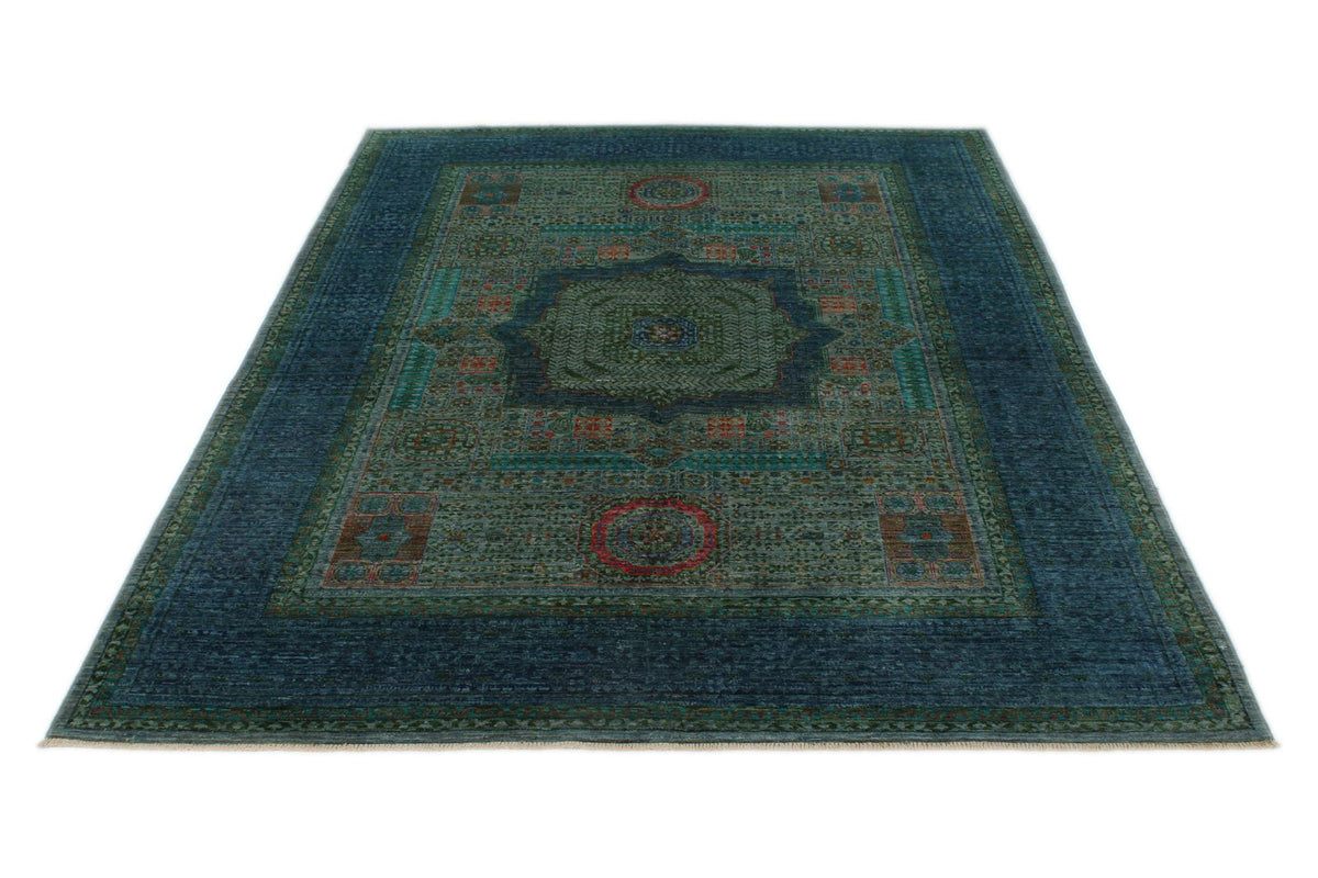 6x8 Green and Blue Turkish Tribal Rug
