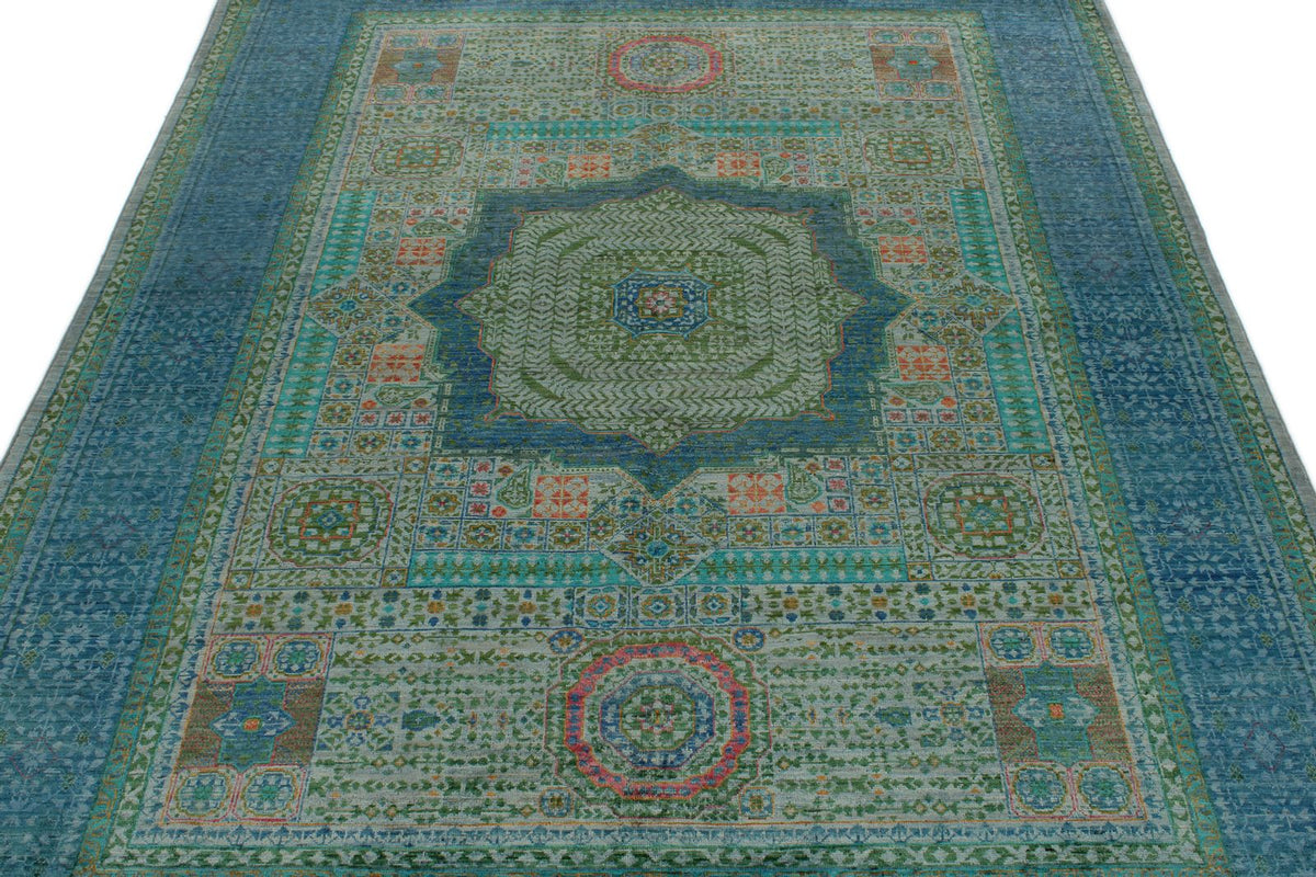 6x8 Green and Blue Turkish Tribal Rug