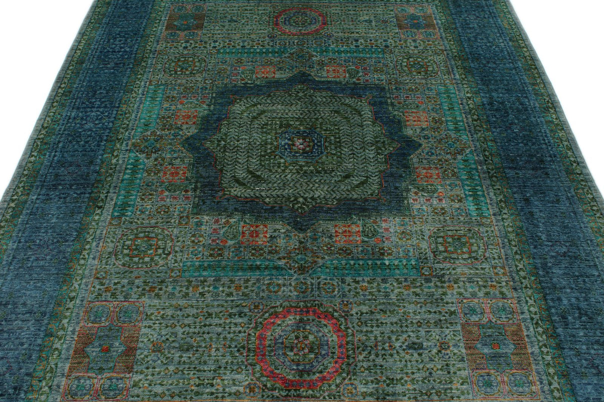 6x8 Green and Blue Turkish Tribal Rug