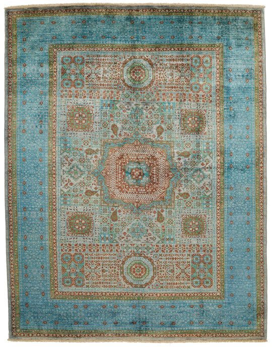 6x8 Gray and Blue Turkish Tribal Rug