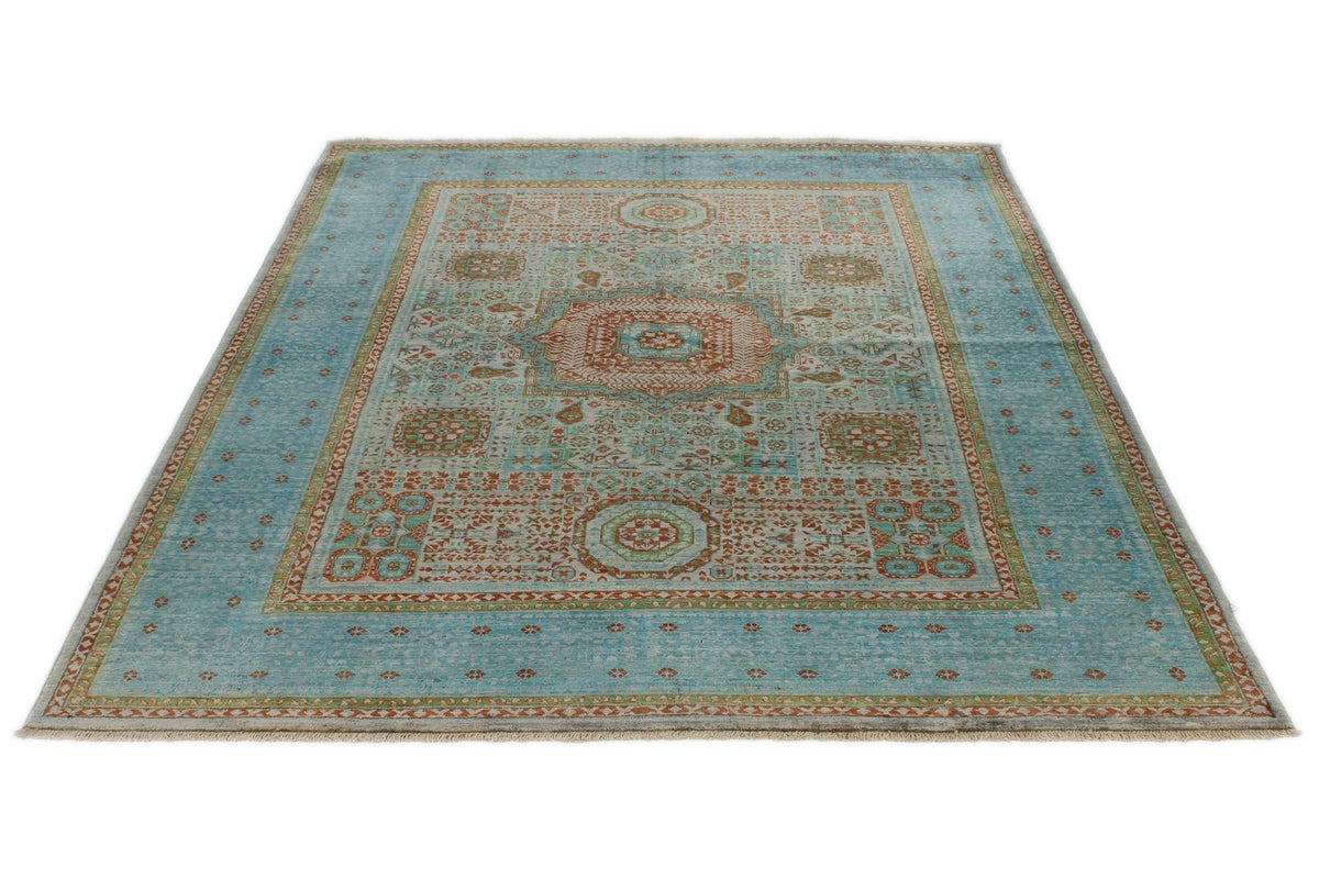6x8 Gray and Blue Turkish Tribal Rug