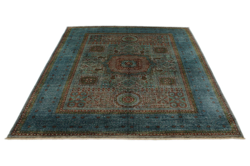 6x8 Gray and Blue Turkish Tribal Rug