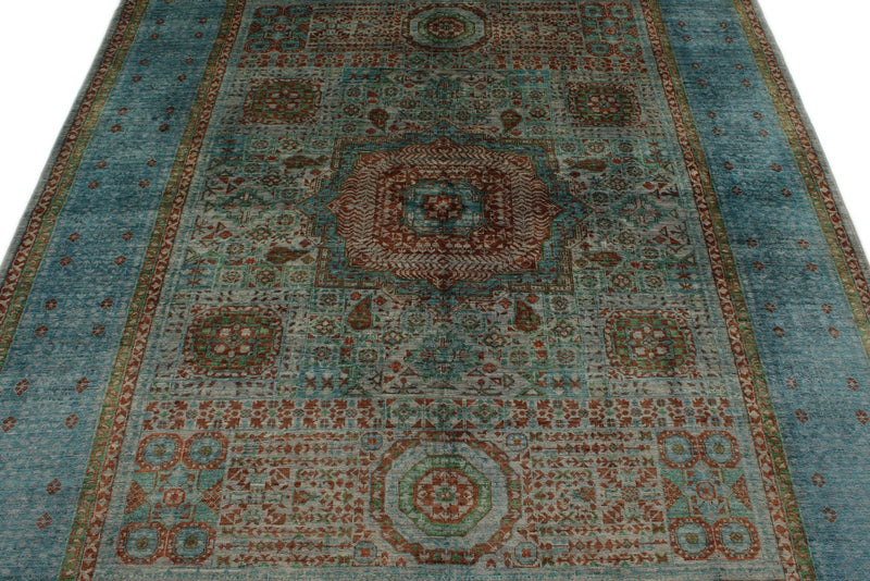 6x8 Gray and Blue Turkish Tribal Rug
