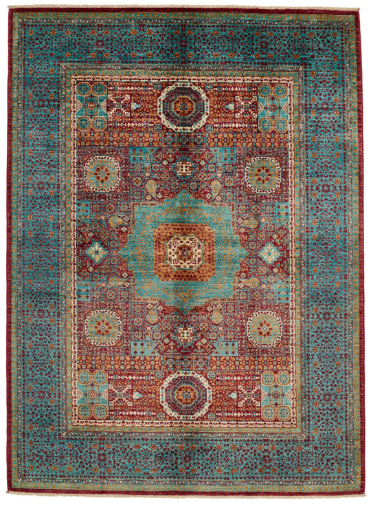 6x8 Burgundy and Blue Turkish Tribal Rug