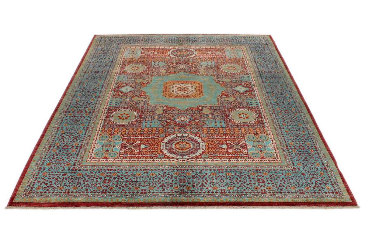 6x8 Burgundy and Blue Turkish Tribal Rug
