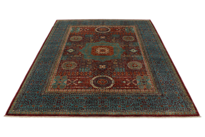 6x8 Burgundy and Blue Turkish Tribal Rug